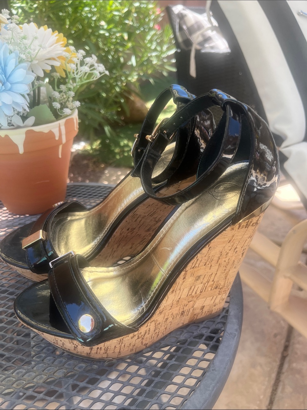 Wild Diva Black Patent Cork Wedge Sandals with Ankle Strap
